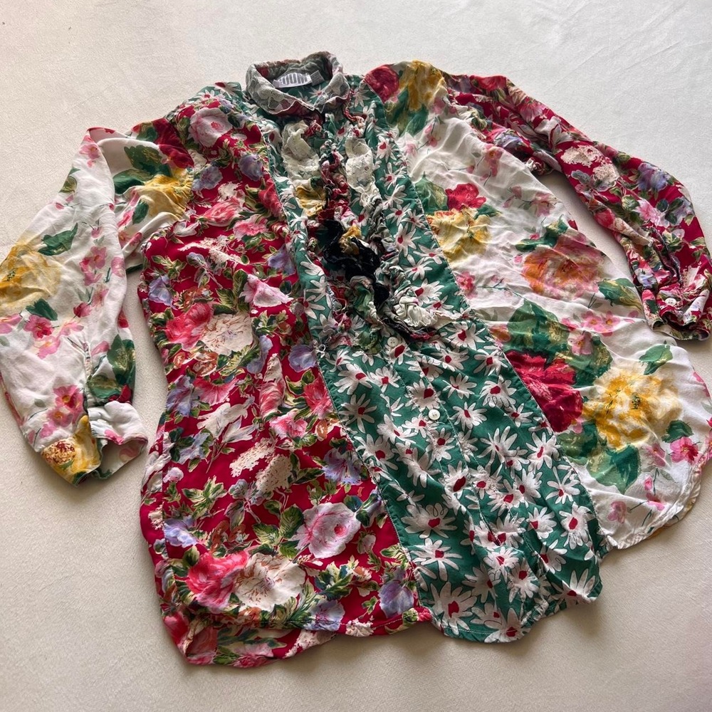 Vintage BOOM Patchwork Grandmacore Eclectic Grandpa Ruffle lace Button Down